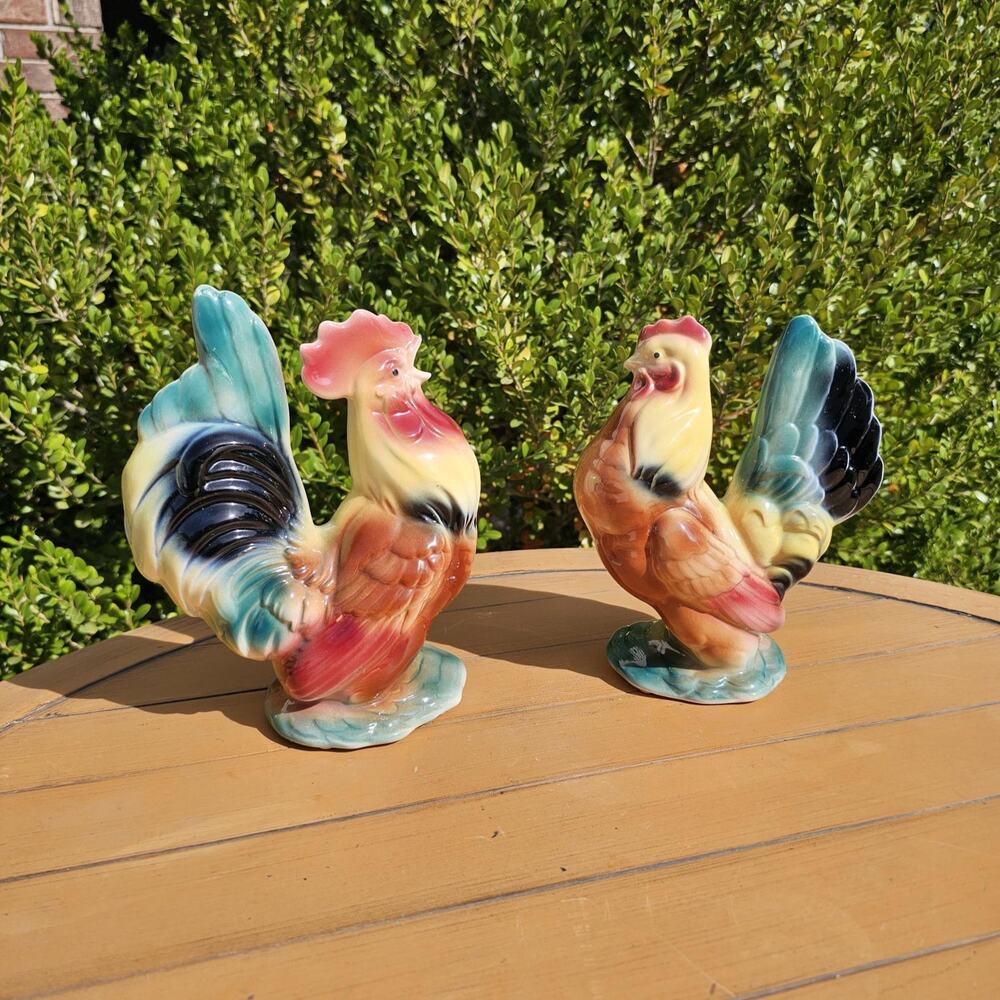 Vintage Mid Century Royal Copley Set of Painted Colorful Ceramic Rooster and Hen